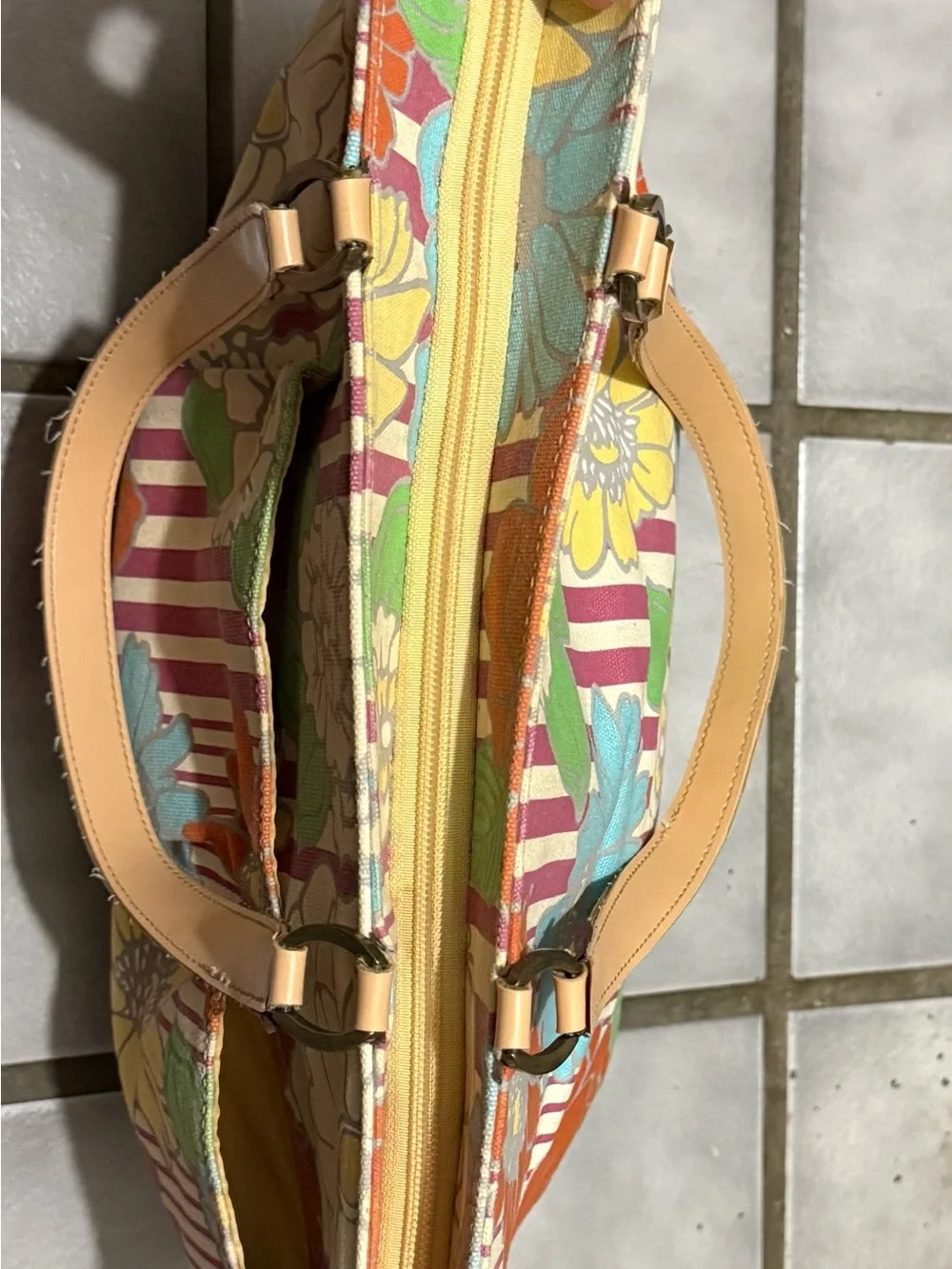 Vintage Y2K Tommy Hilfiger-Floral Stripe Canvas Tote Bag in Multicolor